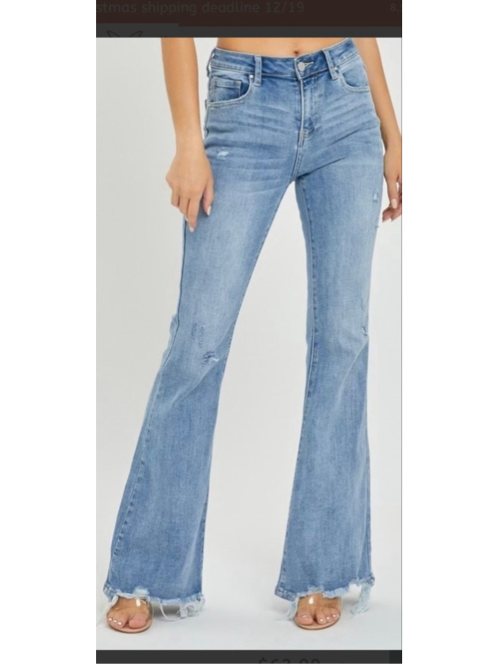Women's Risen Jeans Light Blue Distressed Flare Jeans Raw Hem Size 27